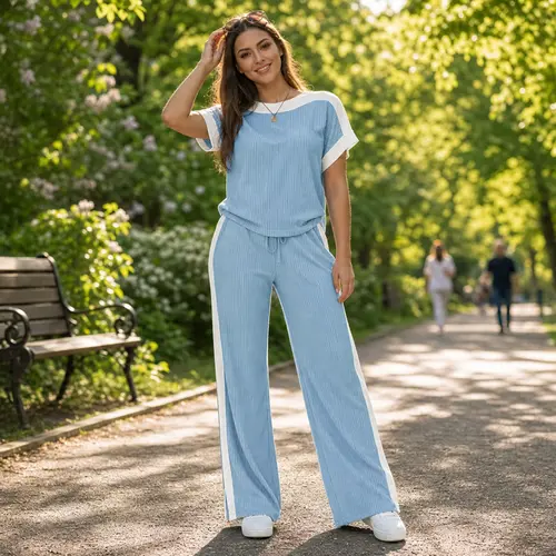 Fisoew Women's Ribbed 2-Piece Color Block Outfit - Short Sleeve Top with Side Slits, Wide Leg Pants with Pockets, Matching Women's 2 Piece Sets, Matching Sets For Women, Plus Size Fashion