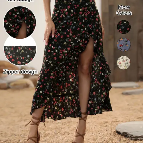 Women's Summer Boho Bohemian Ruffle Skirt Bottom, High Slit Long Regular Fit High Waist Ditsy Small Flower Print Floral Dress, Casual Beachwear, Boho Skirts