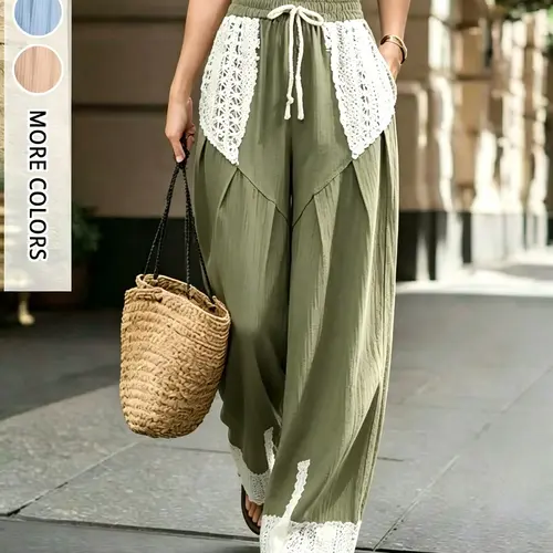 Women's Fashion New Lace Patchwork Solid Color Casual Wide Leg Pants, Stylish Ladies' High Waist Loose Fit Trousers