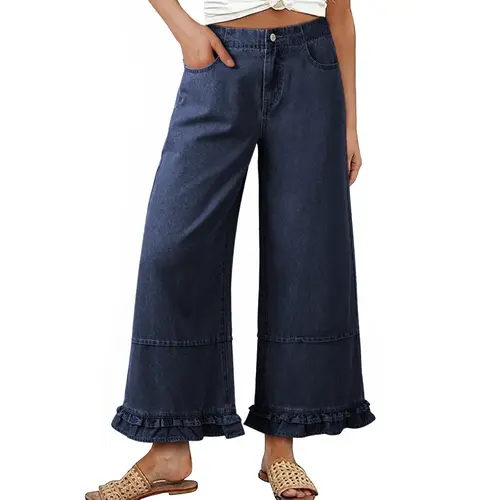 EVALESS Womens Oversize Wide Leg Jeans 2026 Trendy Cotton 100% Mid-Rise Cropped Baggy Jeans Loose Fit Cute Ruffle Hem Trouser Denim Pants 2026 Trendy Womenswear  Deals For You Days summer outfits