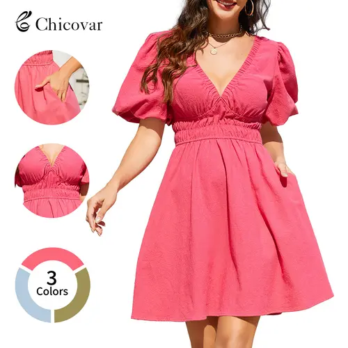 Chicovar On Sale！Women's Boho Puff Sleeve Textured Cotton Mini Dress with Pockets, Deep V Neck Smocked Waist Flowy Summer Dress, Lightweight, Perfect for Vacation, Daily Wear, Party, Church Casual Outfit Minimalist, Summervibes