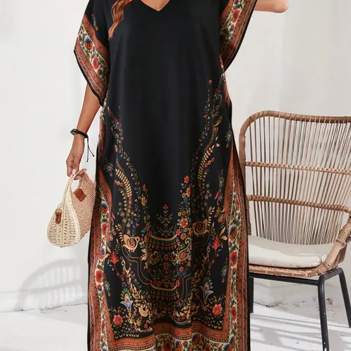 Women's Middle East Robe, Casual Wear Bohemian Style Boho Flowy Dress V-Neck Floral Print Loose Long Split Slit Summer Vacation Cover-Up Dress, Boho Flowy Attire, Womenswear, Comfortable and Stylish