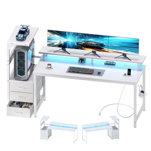 Modern L-Shaped Wood-Metal Gaming Desk for Adults - Reversible Setup, RGB LEDs, Shelves, Fabric Drawers, Power Outlets, PC Stand, Cable Management, Black Office Desk, Gamer Stuff, Man Cave Furniture, Dual Monitor Streaming, Rgb Lights, Power Hub