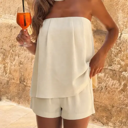 Elegant Casual Vacation-Style Tube Top and Shorts Two-Piece Set, Casual Summer Set, Fitted Sleeveless Plain Design, Natural-Waist Regular-Length Outfit, Womenswear