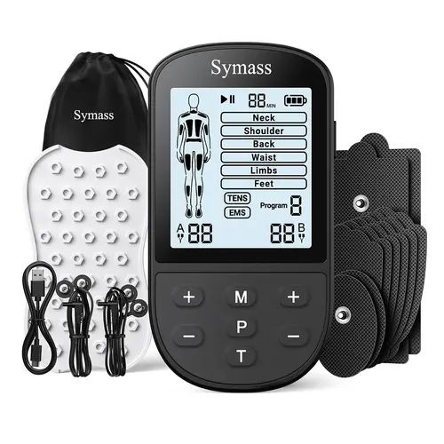 SYMASS Portable Rechargeable TENS Unit EMS Muscle Stimulator - Lightweight Pain Relief Device for Fitness, 24 Modes, Dual Channels, 10 Reusable Pads, 180mAh Battery, 30 Hours Use, Dustproof Storage Bag, Plug, USB Port, Ems Muscle Stimulation, Muscle Thera