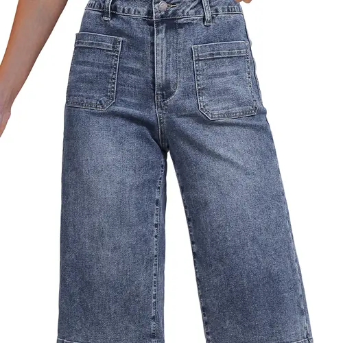 luvamia Capri Jeans for Women Wide Leg Trendy High Waisted Patch Pocket Loose Straight Casual Stretchy Denim Capri Pants
