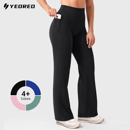 YEOREO Straight Leggings with Pockets for Women No Front Seam Workout Leggings High Waist Wide Leg Yoga Pants 29"/ 31.5" Fitness Summer Bottoms,summerwins,travel essentials,camping essentials tiktokshopbacktoschool,back to school,back to school haul,sohoc