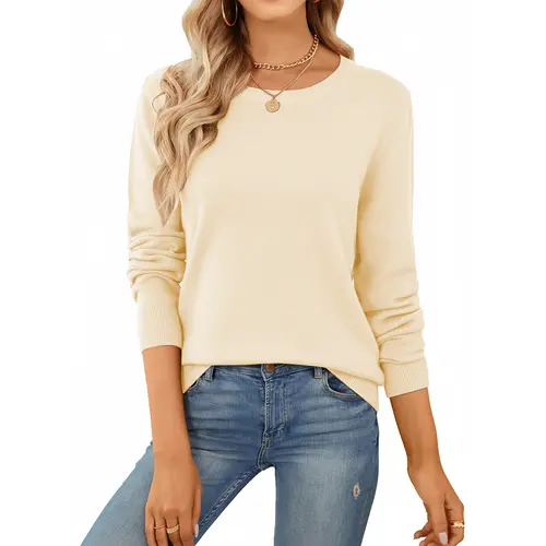 QUALFORT Women’s Classic Round Neck Knitted Pullover - Medium Length Long Sleeve Breathable Soft Lightweight Casual Knitwear, Women's Fashion Basic Top, Machine Washable, Mother’s Day Gift for Mom, Long Sleeve Tops, Sweaters For Women Crewneck Spring,soho