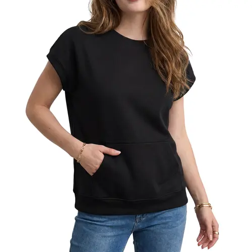 Shewin Women's Basic Minimalist Cap-Sleeve Collarless Pullover Blouse - 50% Stretch, Roomy Loose Fit, Kangaroo Pocket, Medium-High Ribbed Hem, Plain Design, Easy to Pair with Denim, Travel-Ready Women's Fashion Top for Summer Outings,sohochic