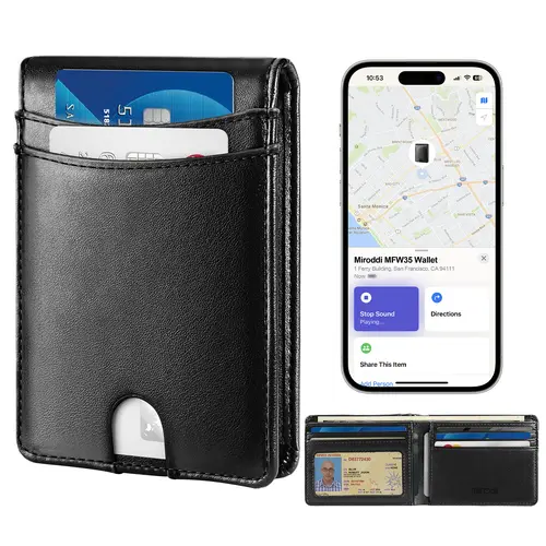 Premium Leather Mens Wallet, Works with Apple Find My, RFID Blocking Smart Wallet for Men, Holds up to 10 Cards, Slim Bifold Credit Card Holder with Cash Slot, Wireless Rechargeable,toolupgrade
