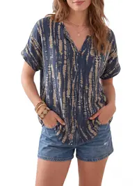 Shewin Summer Women's Abstract Print Split Notch V-Neck Blouse Rolled Cuff Short Sleeve Loose Fit Everyday Casual Pullover Shirt