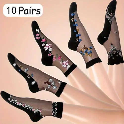 Vibrant Floral Patterned Glass Socks - 10 Pairs of Soft, Breathable Mid Tube Socks for Women - Comfortable Casual Attire, Work, or Special Occasions，spring& summer