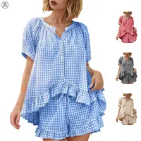 Arssm Women’s Gingham Pajamas Set – 2-Piece Cotton PJs with Ruffle Babydoll Shirt & Plaid Shorts for Cozy Sleepwear & Lounge Outfits