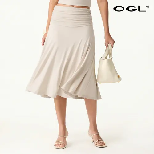 OGL Flowy Side Ruched A-line Midi Skirt - Double Lined & Non-see-through! High stretch, pear shaped & hourglass friendly. Perfect summer to fall transition skirt with a beautiful drape. Thunder thigh approved SohoChic flared skirt