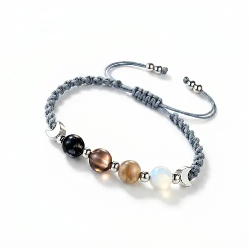 Women's Adjustable Knot Crystal Beads Bracelet - Dark Gradient Moonstone, Obsidian, Labradorite, Celestial Moon Charms, Witchy Aesthetic, Comfortable Everyday Wear, Unisex Fit, Enhances Intuition, Jewelry for Women, Celestial Moon Bracelets & Bangles