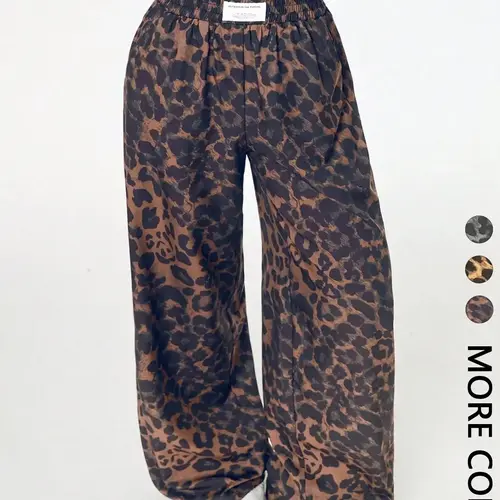 Women's Leopard Print Wide Leg Pants, High Waist Elastic Waist Loose Fit Oversized Baggy Street Style Long Pants, Fashionable Casual Wear, Casual Street Trousers