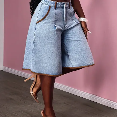 New Denim Mid-Thigh Pants Loose Casual Basic Spring Summer Everyday Wear Elastic Button Comfort Fitted Trendy Fashion Washed Craft Button Front Casual Fashionable Shorts Women's Mid-Thigh Pants Shorts