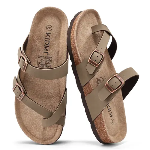KIDMI Women's Cork Footbed Sandals Summer Women's Flip Flops With Adjustable Buckle Thong Sandals Outdoor Walking Shoes Casual Beach Sandals Slip On Nonslip Shoes