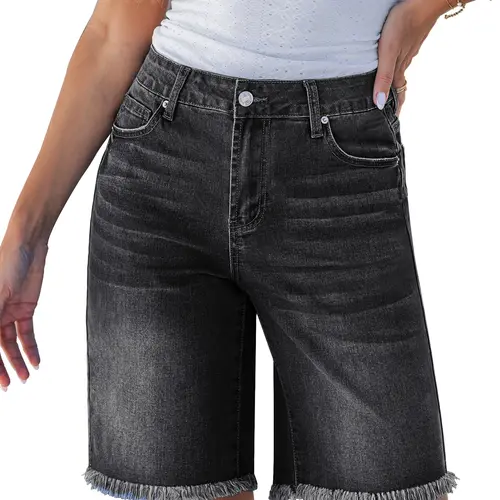 luvamia Jean Bermuda Shorts for Women Trendy Mid Rise Raw Hem Knee Length Stretchy Denim Long Shorts Summer Casual Jorts,back to school shopping Vintage Pockets