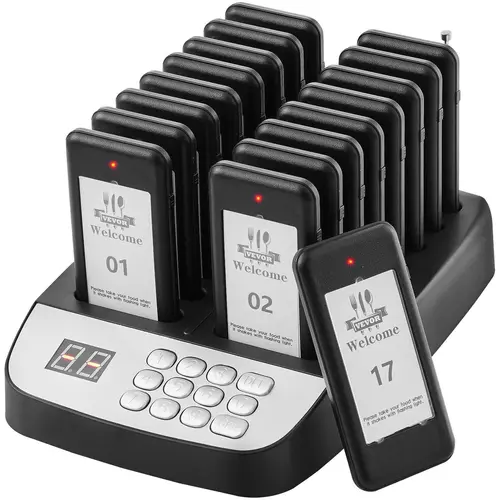 【Summerfinds】VEVOR Restaurant Pager System, Cordless 500m Long Range Queue Calling System with LCD Screen, 16 Buzzers with Alerts Beep, Vibration & Flashing, 24 Hours Usability for Restaurant Customers, Office Access Control