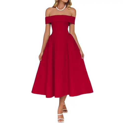 Wenrine Women's Off-The-Shoulder Sleeveless Soft Comfortable Fabric A-Line Flowy Elegant Formal Dress - Cocktail, Wedding Party Wear, Elegant Dresses for Women