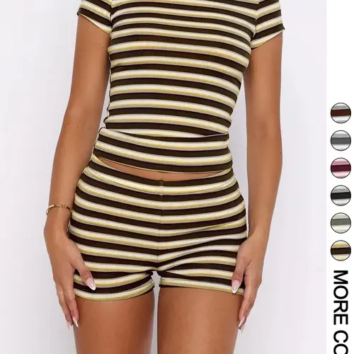 Women's Summer Olive Striped Casual Slim Fit Chic Matching Coordinate Two-Piece Outfit Set, Round Neck Short Sleeve Top + High Waist Mini Shorts Shortie Set #GLOBAL PICKS