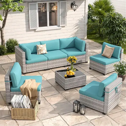 7-Seat Modular Outdoor Wicker Sectional Couch (2-Package Delivery) - 4" Thick Cushions, Dual-Strand PE Rattan, Rust-Resistant 18mm Steel Frame, L/U/Split Layout, Easy Assembly for Backyard Garden Deck Lounge,sohochic