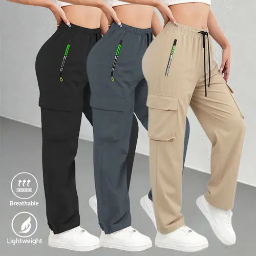 Women’s multi-pocket lightweight summer sports pants – adjustable drawstring waistband, non-stretch fabric, machine-washable; fitness pants made from a soft, smooth, skin-friendly material suitable for indoor workouts and outdoor activities in summer.