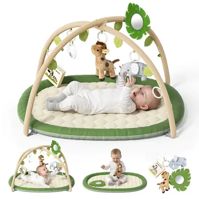BabyBond Padded Play Mat - 5 Detachable Hanging Animal Toys, Polyester Velvet Baby Playgym with Book, Tummy Time Mat for 0-18 Months Infants, Newborn Gift, Nursery Development Essential