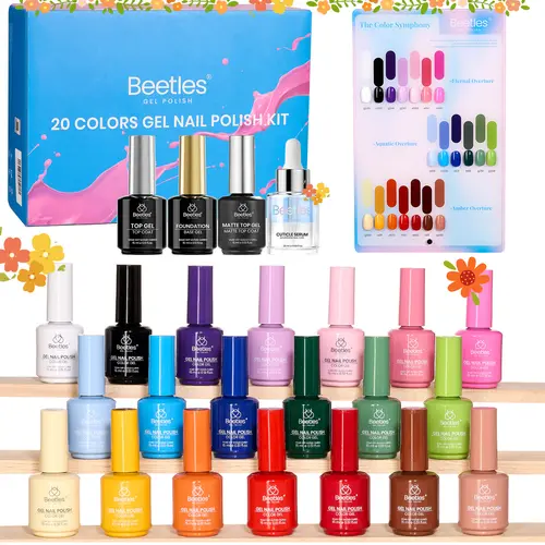 [Exclusive to TTS]Beetles Gel Polish Set -  20 Colors 15 ML Polish Set with Base Top Matte Coat & Cuticle Oil Pink Red Blue Purple Brown Yellow Green Black White Colors Nails Gifts for Women #Summervibes outdoorfun, Manicure, Cosmetic