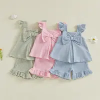[Lullaby] Kids Girls Shorts Set, Striped Fly Sleeve Bow Camisole with Shorts Summer 2-piece Outfit