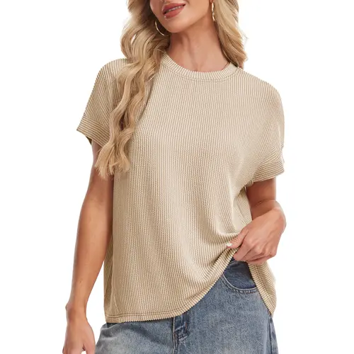 YUCOLEN Oversized Tshirts For Women Short Sleeve Boutique Batwing Tee Tops Plus Size Ribbed Shirts Solid Color Loose Texture Knit Tops Blouses Casual Basic,sohochic