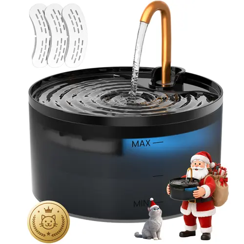 MISFANS 2.1L B13 Silent Cat Water Fountain - Ultra-Quiet Copper Spout, Soft Blue LED Night Light, 6-Layer Coconut Shell Activated Carbon Filter, Silent Pump, Automatic Gravity Feeder, Clean Supply, Fresh All Day, Easy to Use & Clean