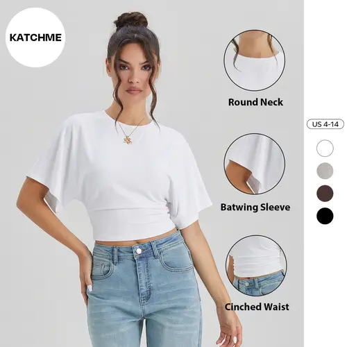 KatchMe Women's Leisure Solid Color Batwing Sleeve Cinched Waist Soft Top, Minimalist Crewneck Top for Lady, Wide Sleeve Round Neck T-Shirt for Daily