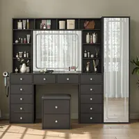 [Shipping by 3 Packages] FUSOU 2-in-1 Vanity Desk Live Flash Sale Full Length Mirror & LED Mirror with Power Outlet, Makeup Vanity 14 Drawers & 10 Shelves, Hidden Storage Capacity, Dimmable & 3 Color Lighting Dressing Table for Bedroom, Vanity Chair