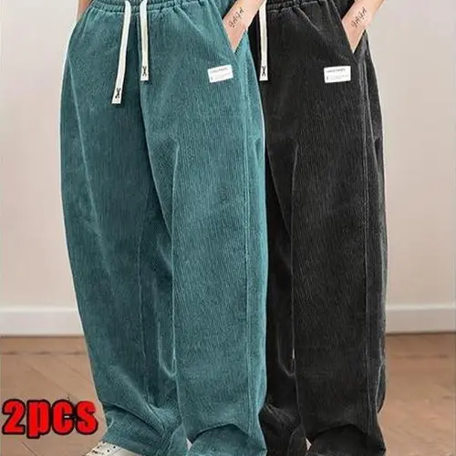 Women’s corduroy wide-leg pants two-pack — high-waisted drawstring design; drapey, fashionable, lightweight, breathable, comfortable casual lounge long pants that are non-stretchy and durable; Bottom Style Womenswear