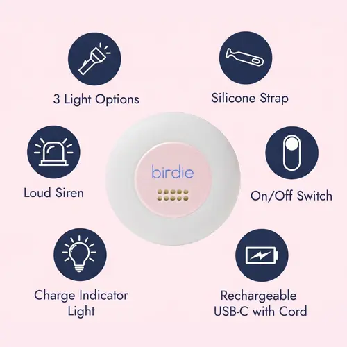 She's Birdie - Handsfree Personal Safety Alarm Disc for Runs, Walks, Bike Rides, and Late Nights - Loud Siren, LED Light for Night Walks, Rechargeable, Clip On, Lightweight, Water Resistant