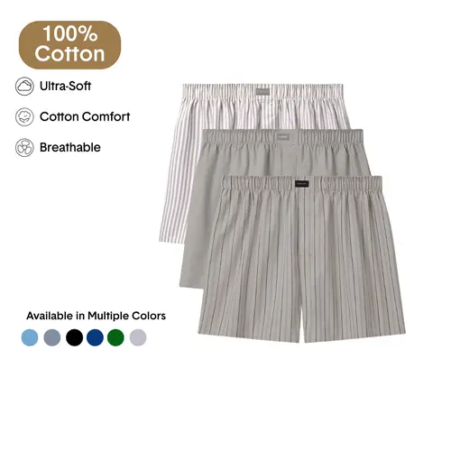 Tommy John Men’s Woven Boxer Shorts, 100% Cotton, Breathable Comfort Fit, Tagless Waistband, 3-Pack Natural Traditional