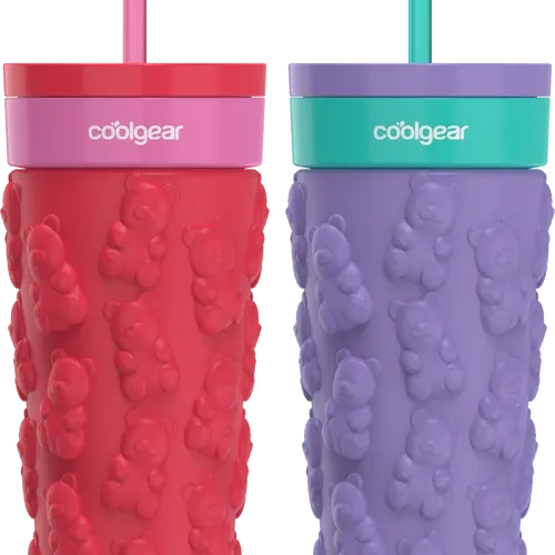 COOL GEAR 2-Pack 20oz GO GRIP Insulated Drink Tumbler, Gummy Bear Pattern Casual Reusable Travel Mug, BPA-Free Lid for Drinks, Ice Coffee & Funny Coffeehouse Use