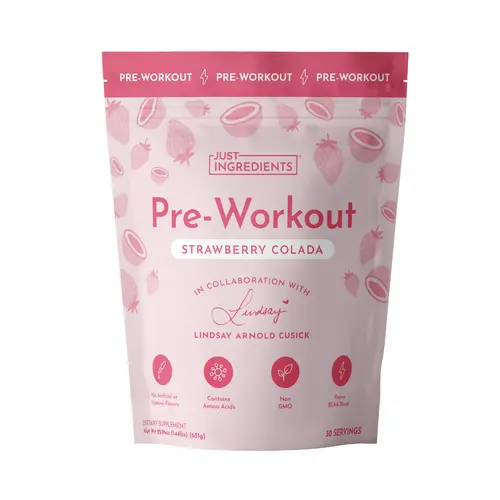Just Ingredients Strawberry Colada Pre‑Workout by Lindsay Arnold - 30 Servings - Supports Performance, Energy & Recovery - 150mg Caffeine per Serving - BCAAs, Beta Alanine, Citrulline Malate, Ginseng, Maca Root - No Artificial Sweeteners or Dyes