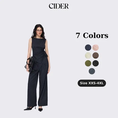 Cider Women's 2 Piece Set - Boat Neck Striped Wrap Knotted Top, Mid Rise Straight Leg Trousers, 2 Pcs Set for Office & Weekend Casual