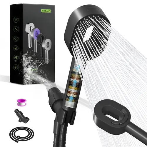 Hibbent Plastic Filtered Handheld Shower Head - 20-Stage Softener Beads Filter, High Pressure System, 5 Spray Settings, Universal G1/2" Thread, 59-Inch Hose, Chlorine & Odour Elimination, Purified Water, pH Level Balance, Boost Tech for Sensitive Skin