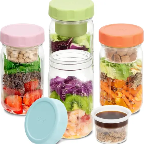 SOLIGT Minimalist 4-Pack 32oz Glass Divided Containers with Lids - Leakproof Kitchen Household Produce Saver Jars, 3-Layer Salad Keeper, 3-Compartment Wet/Dry Cups, Shake-Safe Seal for Meal Prep Lunch, Food Containers With Lids Glass,sohochic