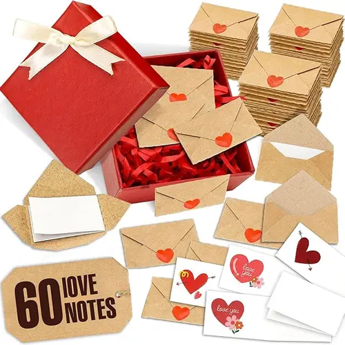 60 Pcs Self-Sealing Envelopes + Blank Love Notes | Romantic Gift for Weddings, Valentine’s Day & DIY Crafts Surprises Gift Box、Stationery Cards