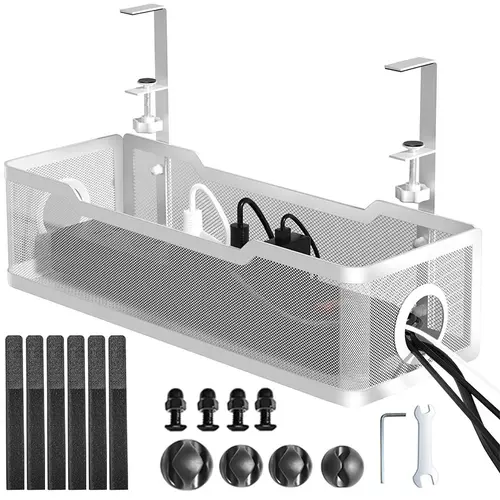 Under Desk Cable Management Tray,Wire Organizers No Drill, Cable Tray with Clamp for Wire Management, Cord Organization Box for Office, Home - No Damage to Desk