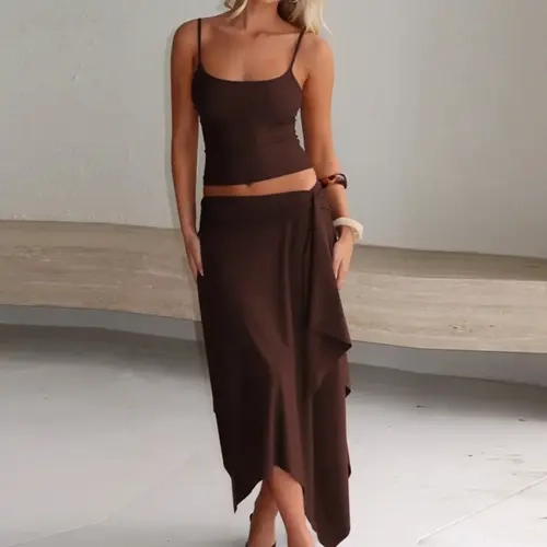 Women Summer Tank Tops Midi Skirt Basic Casual Vacation Two Piece Set Outfit