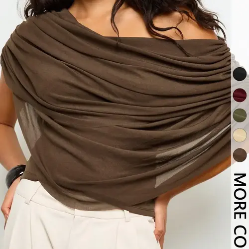 Women's Brown Off-Shoulder Draped Asymmetrical-Neck Top for Office and Casual Wear Cropped Blouse Elegant Casual Chic One Shoulder Twist Flowy Overlay Design Fashion Slim Fit Dressy Tops