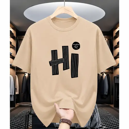 Men's "hi" Letter Pattern Print Short-Sleeve Polyester T-Shirt, Casual Minimalist Regular Fit Fabric Top, Summer Versatile Round Neck Novelty Design, Machine Washable, Shortsleeve, Menswear