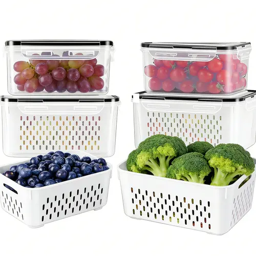 8 pcs Fridge Organizer Storage (4 Colanders & 4 Storage box) Fruit Stakable Containers for Fridge with Remouvable Colander, Food Storage Container for Salad Vegetable Meat Keeper Fresh,campingessentials,campinggear,home essentials,sohochic