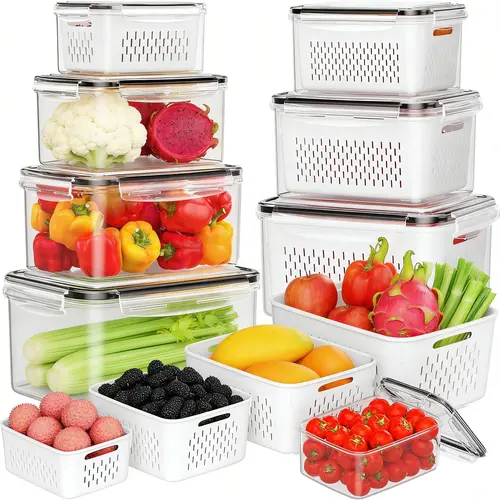 16 pcs Fruit Storage Containers (8 Colanders & 8 Storage box) for Fridge with Removable Colander, Airtight Food Storage Container Organiser Set Utensils with Lids  Kitchen Stackable,summerwins,campingessentials,campinggear,home essentials,sohochic